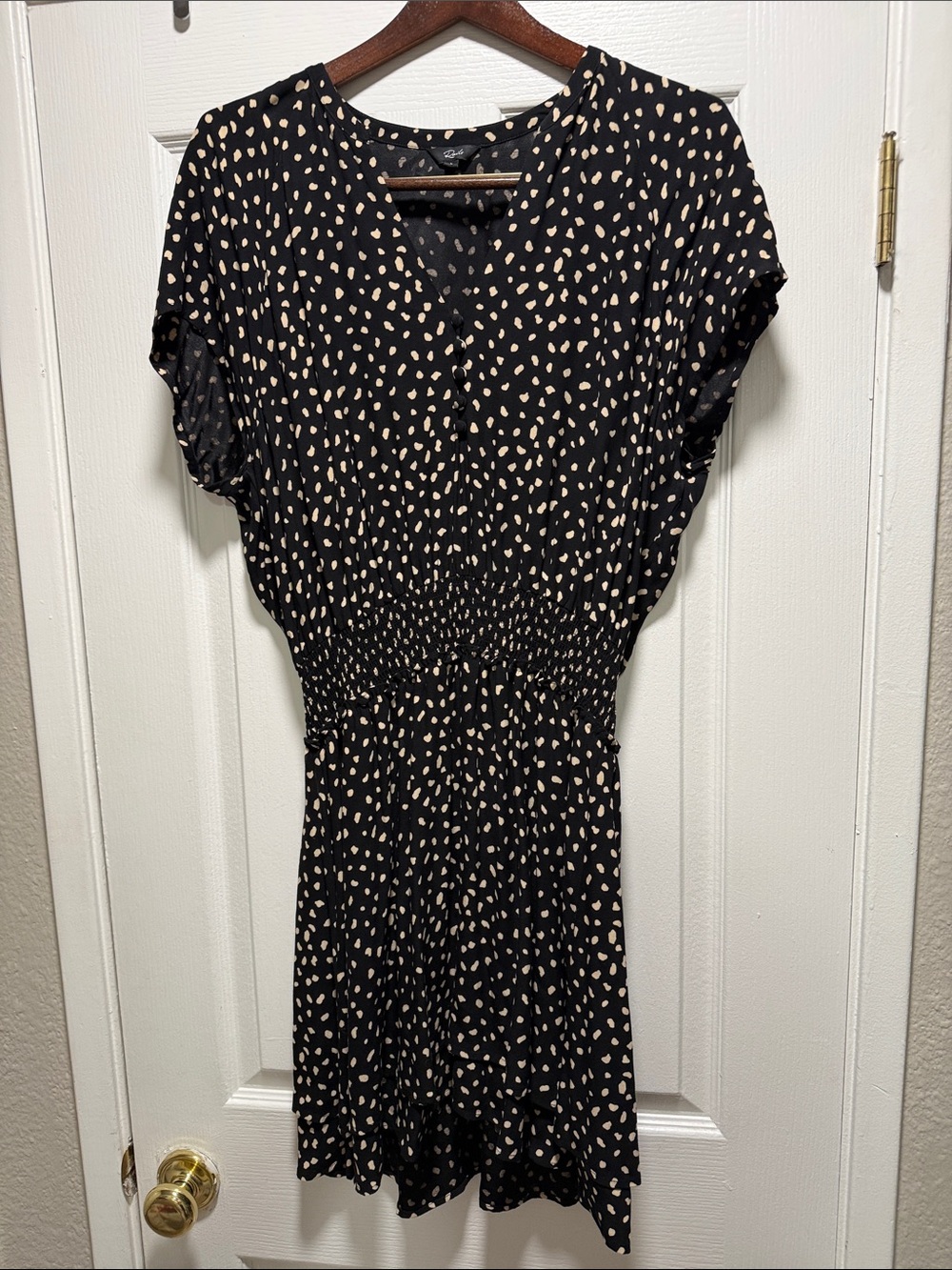 Rails Black Dress with Cream Dot Print - V-Neck Smocked Waist